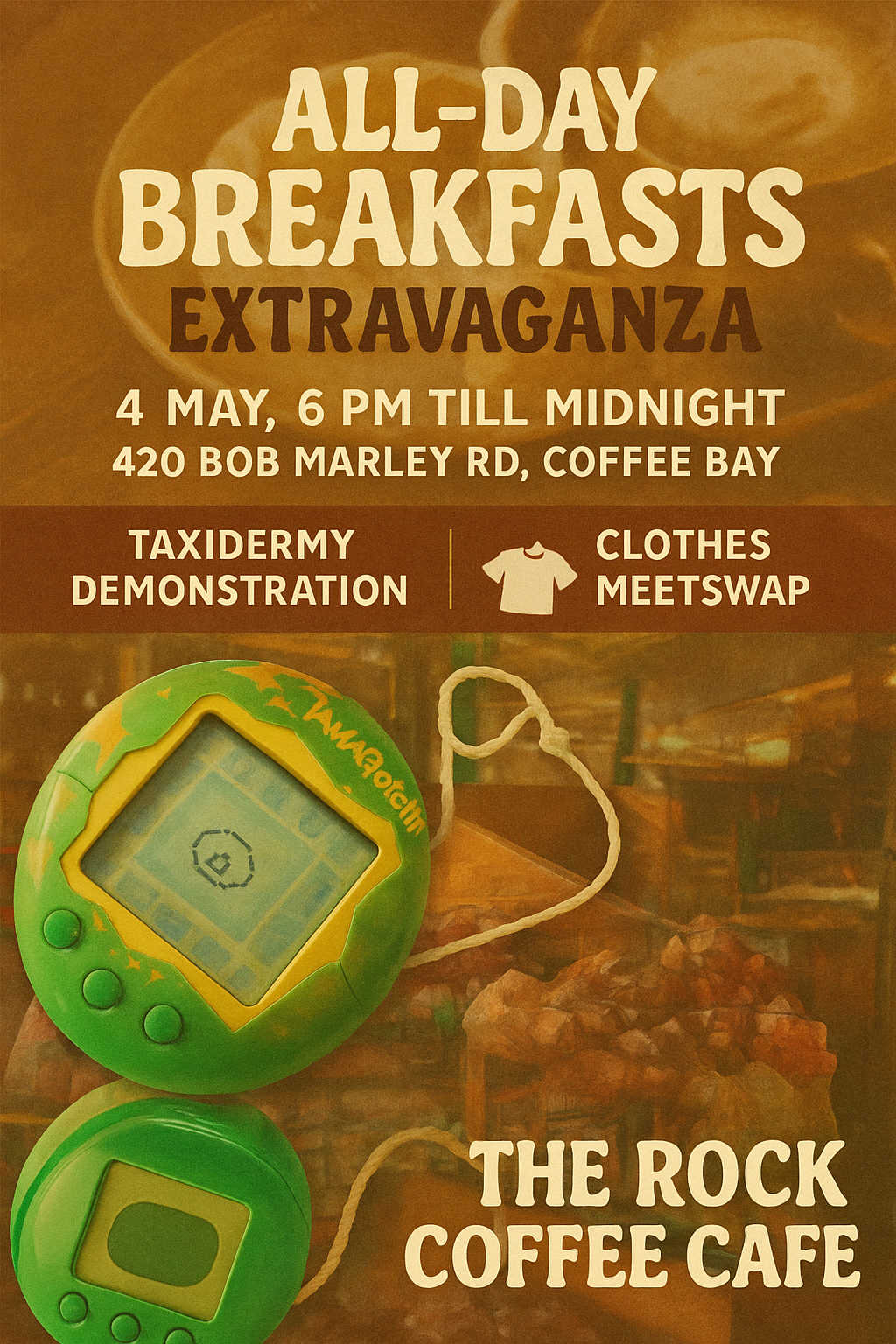 AI-generated 'All-Day Breakfasts Extravaganza' event poster with retro Tamagotchis – unique print-ready design for a cafe.