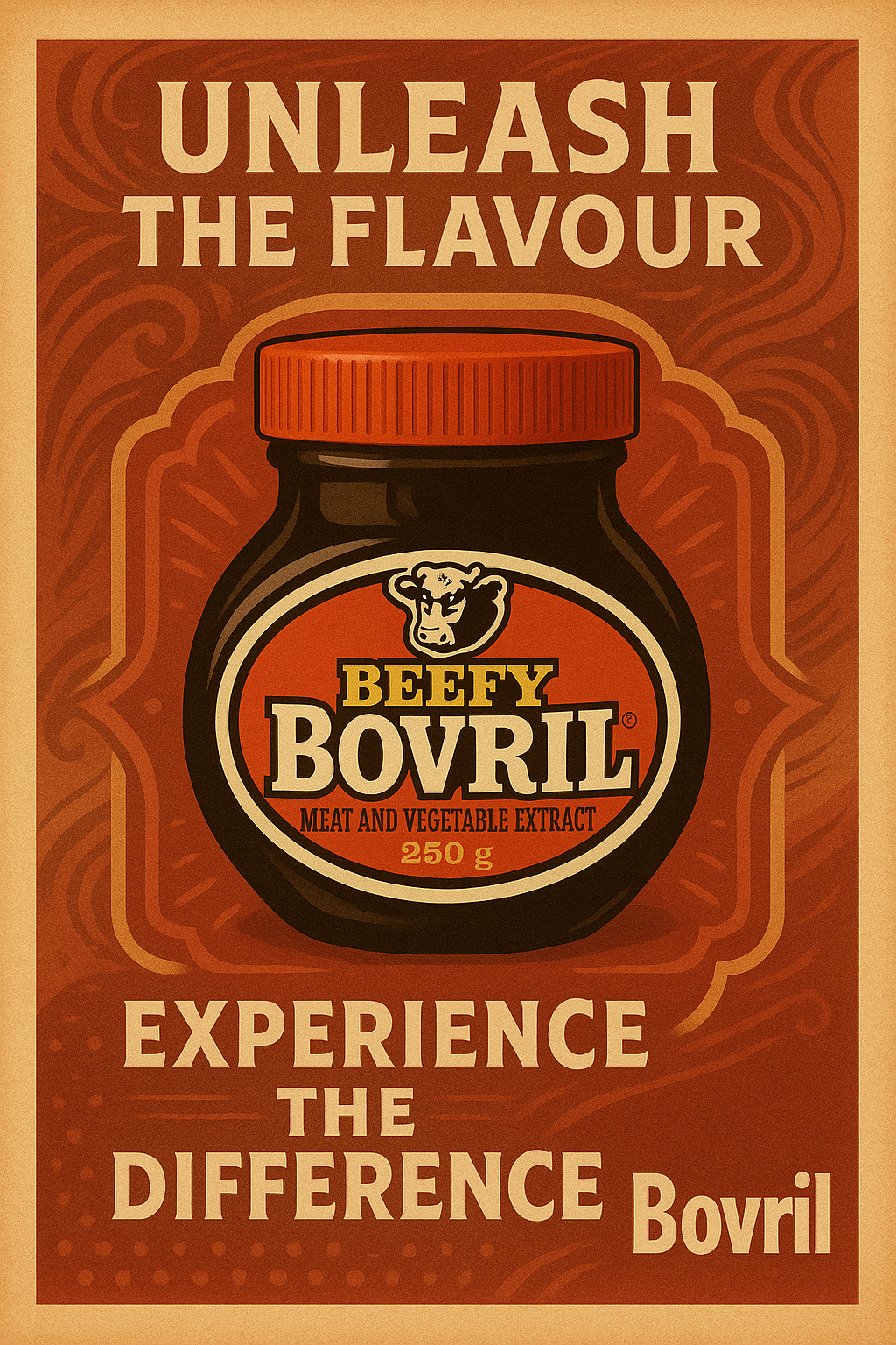 AI-generated whimsical vintage Bovril ad poster 'From Tradition to Transformation' – creative print-ready design.