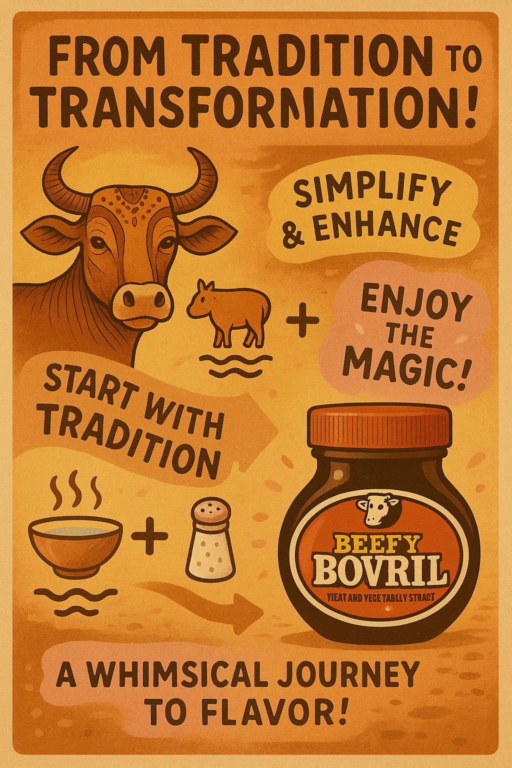 AI-generated vintage advertisement poster for Beefy Bovril 'Unleash the Flavour' – classic print-ready design.