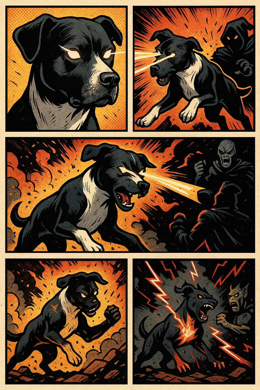 AI-generated comic strip poster 'A Black and White Dog' with expressive dog character art – creative print-ready design.
