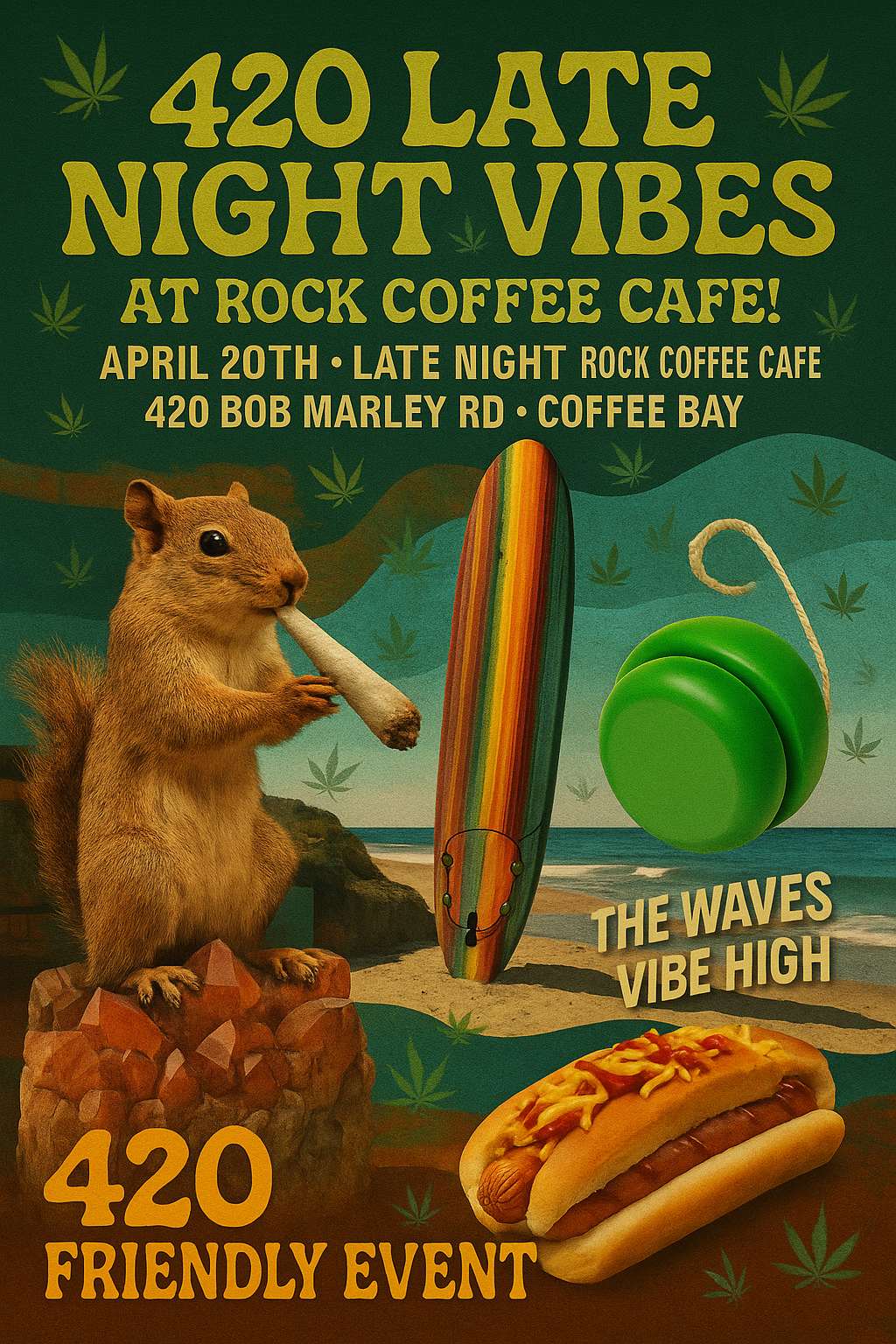 AI-generated '420 Late Night Vibes' event poster for Rock Coffee Cafe with quirky graphics – unique print-ready design.