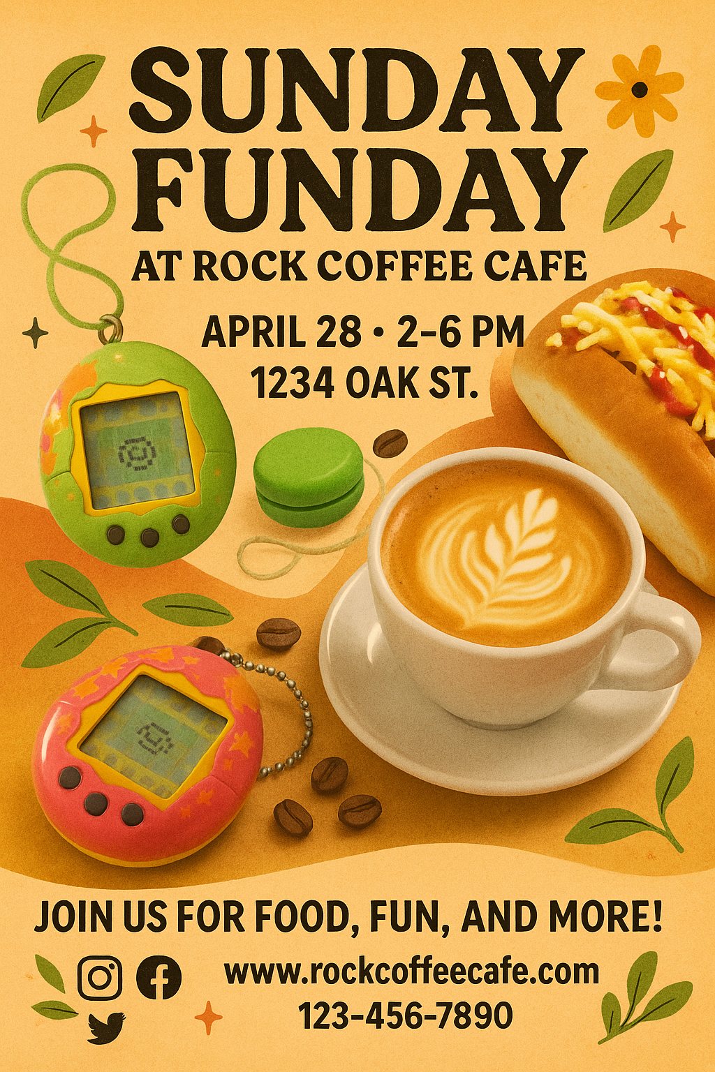 AI-generated 'Sunday Funday' event poster for Rock Coffee Cafe with coffee and retro toys – vibrant print-ready design.