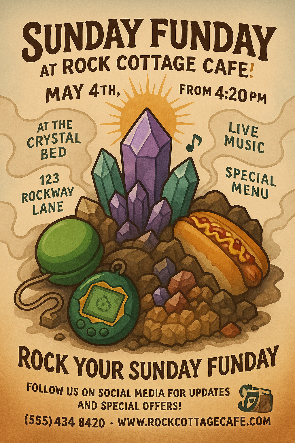 AI-generated 'Sunday Funday' event poster for Rock Cottage Cafe with retro items like Tamagotchi and yo-yo – creative print-ready design.
