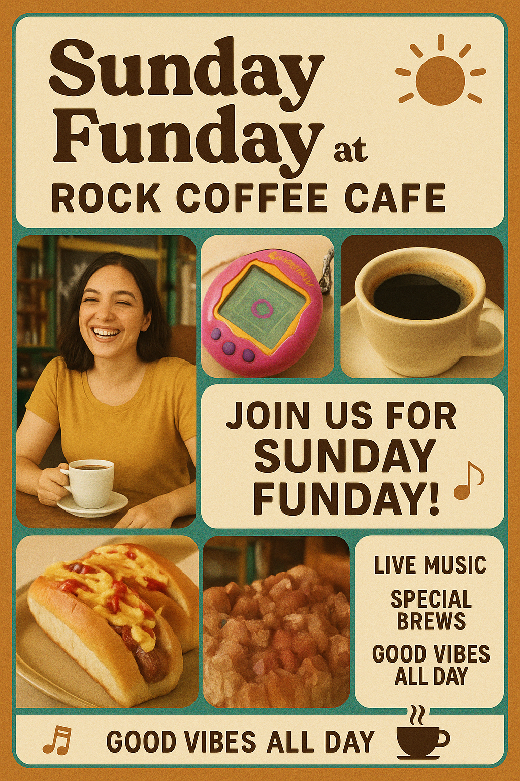 AI-generated retro 'Sunday Funday' event poster grid for Rock Coffee Cafe with multiple images – fun print-ready design.