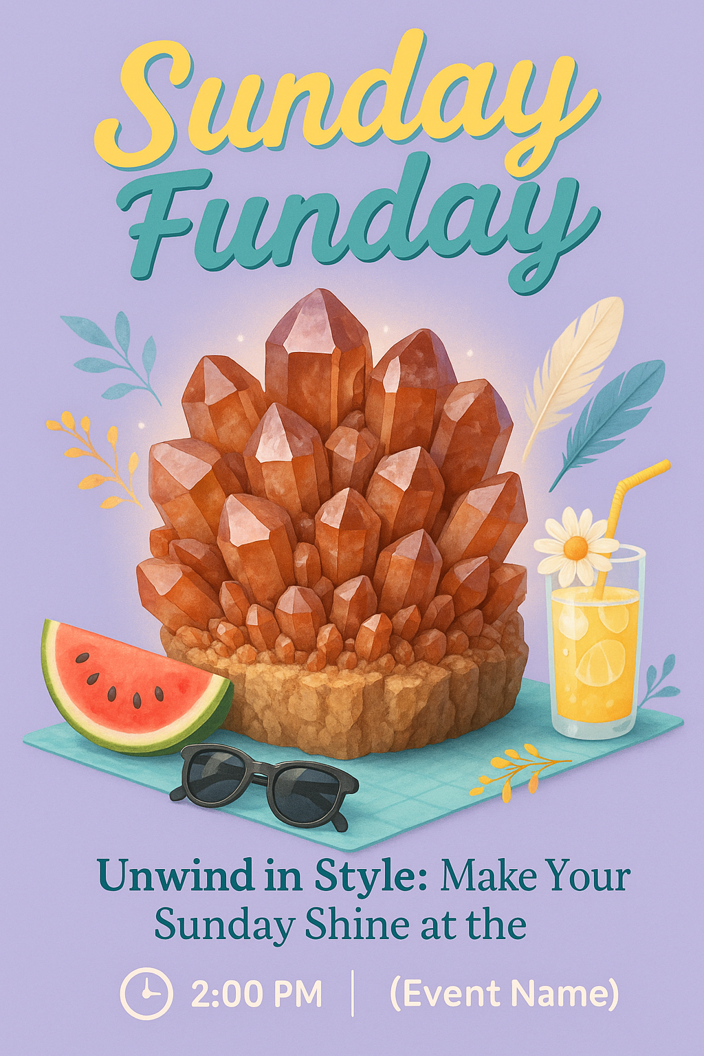 AI-generated summer themed 'Sunday Funday' event poster with crystals and refreshments – stylish print-ready design.